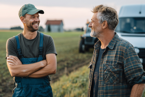 Zwei Männer auf Feld unterhalten sich